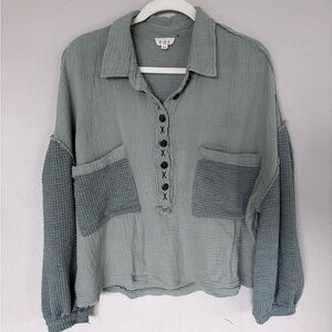 POL Sage Green Textured Henley Pullover
